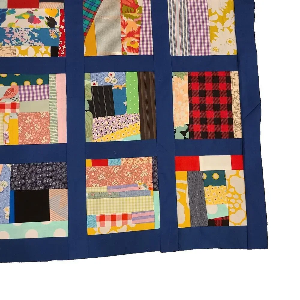 Scrappy Patchwork Colorful Crumb Crazy Baby Lap Quilt Top Blue Sashing 42